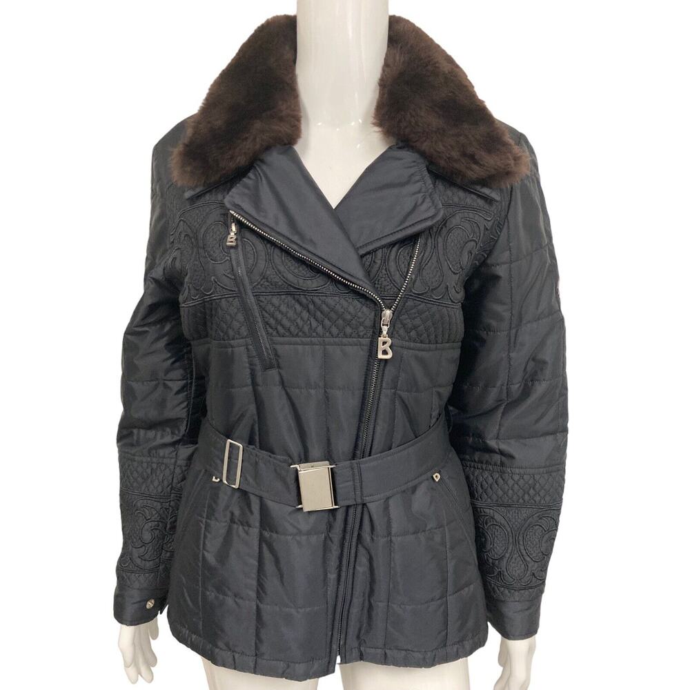Bogner Black Quilted Belted Jacket with Brown Fur Collar